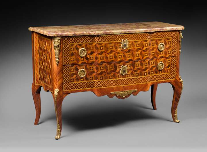 A Transition Louis XV/XVI Ormolu-Mounted Kingwood Parquetry Commode